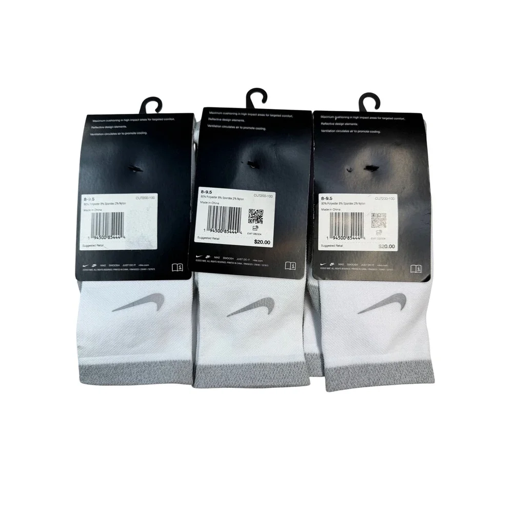 3 pair Nike Spark Running Cushioned Crew Socks White Grey M 8-9.5 W 9.5-11 NWT